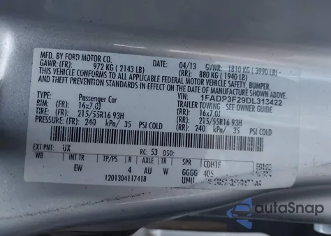 2013 Ford Focus Se из США, поврежденный, VIN 1FADP3F29DL313422